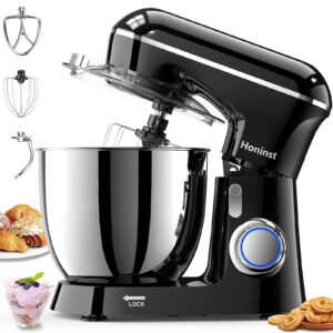 Honinst 6.5 Quart Black Stand Mixer with Dough Hook, Whisk, and Beater