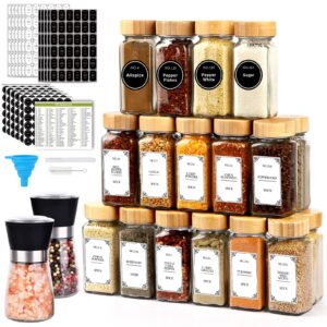 Set of 36 Glass Spice Jars (4 oz) with Bamboo Lids and 648 Waterproof Labels, Consists of 2 Salt and Pepper Grinders – Empty Spice Containers for Your Kitchen