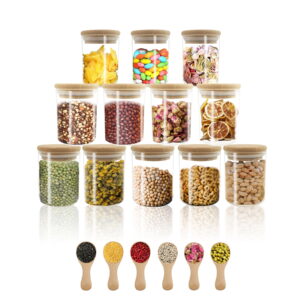 UPTRUST 18-Piece Glass Jar Set: 12 Spice Jars with Bamboo Lids, 6 Wood Spoons for Condiments – Hermetic Glass Storage Containers for Kitchen (6oz every)